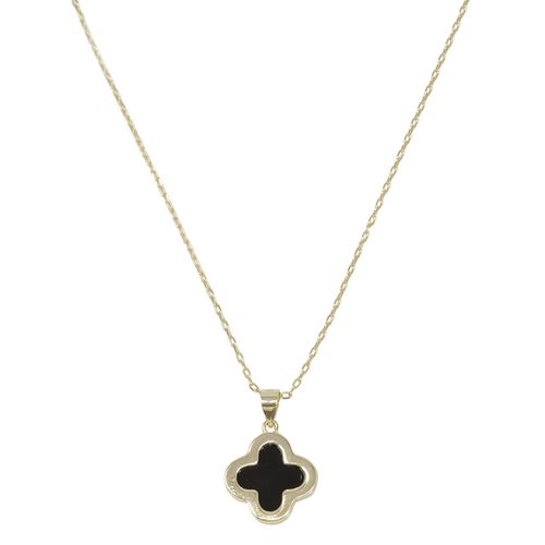 Cadena con dije de trébol negro con zirconia de plata en baño de oro para mujer