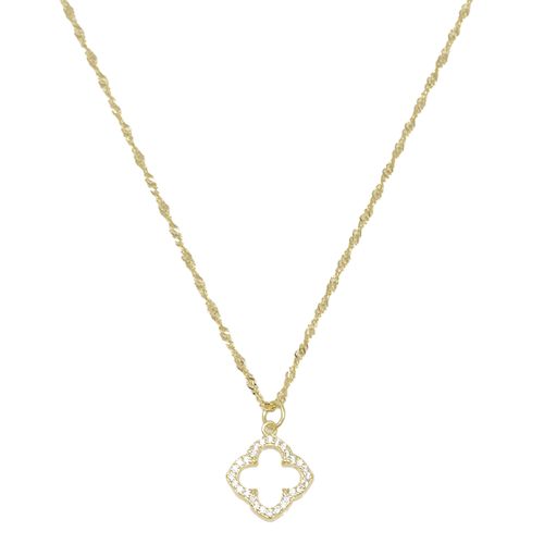 Cadena con dije de trébol blanco con zirconia de plata en baño de oro para mujer