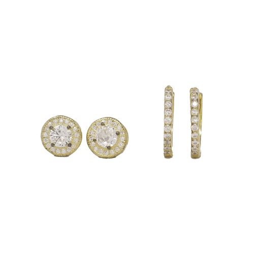 Set de 2 pares de aretes cortos de plata en baño de oro con zirconia para mujer