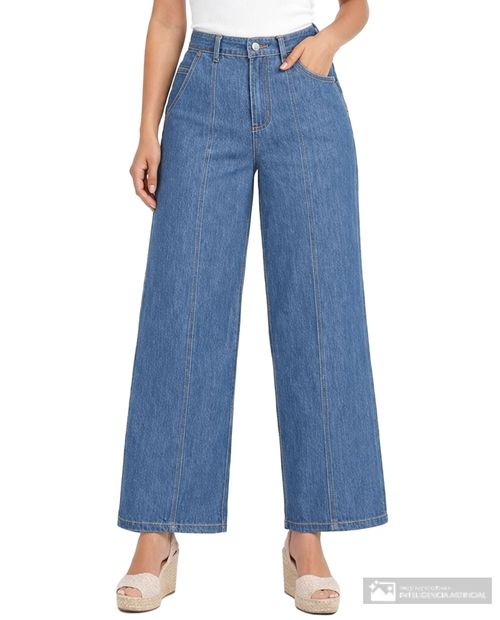 Jeans casual Sabrina wide leg azul sólido para mujer
