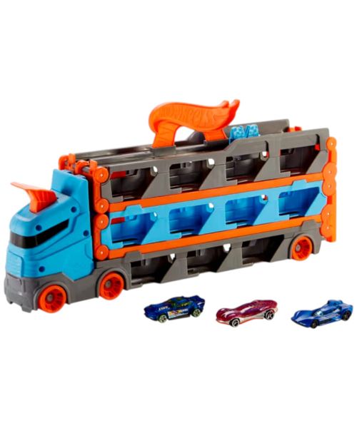 Hot Wheels Camión transporte con pista de carreras y lanzador doble