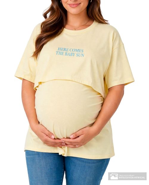 Camiseta maternal Ohma amarilla con estampado "Here comes the baby" para mujer