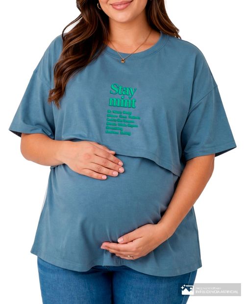 Camiseta maternal Ohma azul con estampado "Stay Mint" para mujer