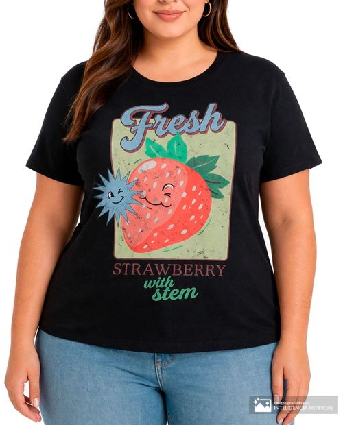 Camiseta Active Basic negra con estampado de fresa para mujer