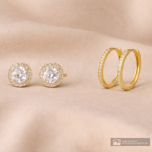 Set de 2 pares de aretes cortos con zirconia de plata en baño de oro para mujer