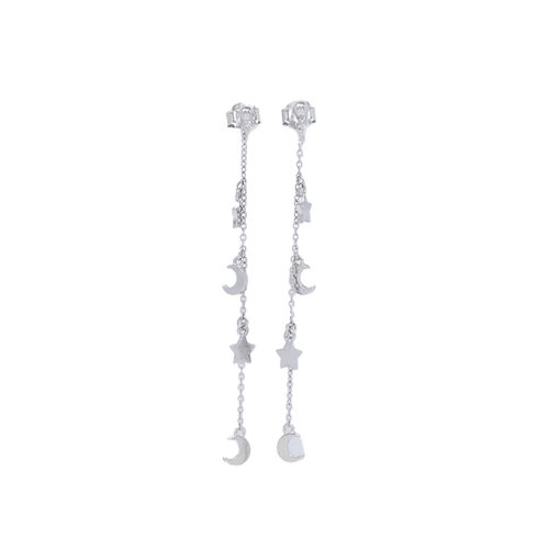 Aretes largos de estrellas y lunas de plata en baño de oro para mujer