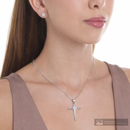 Set de aretes y collar de cruz de plata para mujer