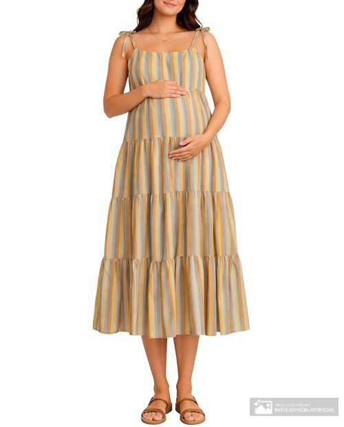 Vestido maternal midi Ohma multicolor con rayas texturizadas para mujer
