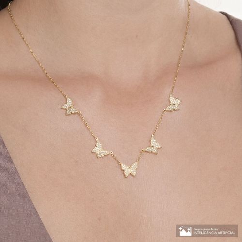 Collar de mariposas con zirconia de plata en baño de oro para mujer
