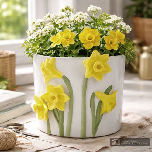 Maceta decorativa de cerámica con narcisos 15.5 cm