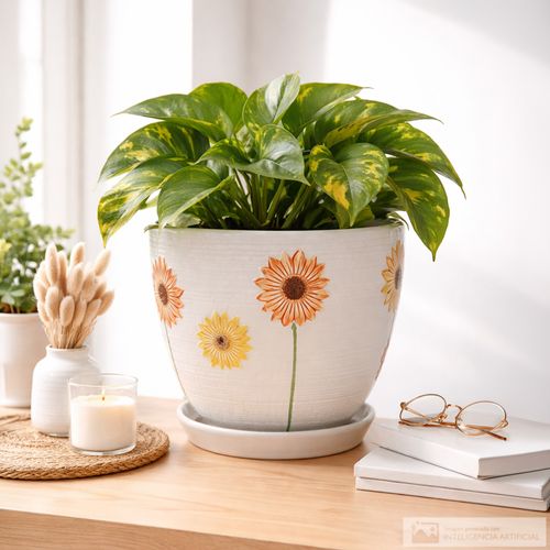 Maceta de cerámica con girasoles 22 cm