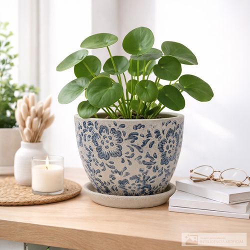 Maceta de cerámica con flores azules 13 cm