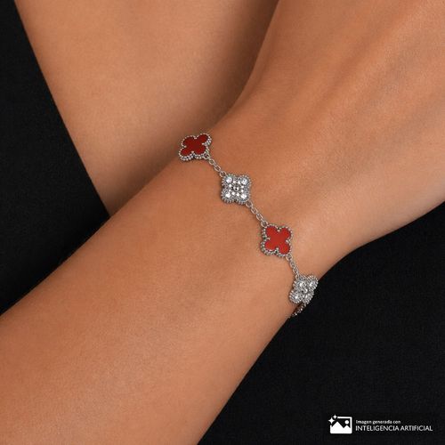 Pulsera de tréboles de esmalte rojo de acero inoxidable para mujer