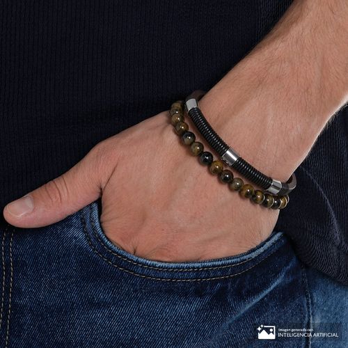 Set de 2 pulseras de cuero y cuentas café para hombre