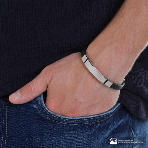Pulsera de acero y goma negra 1 cm-22 cm para hombre