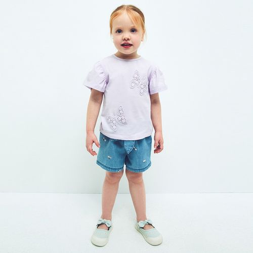 Short azul denim con bordado floral para bebé niña
