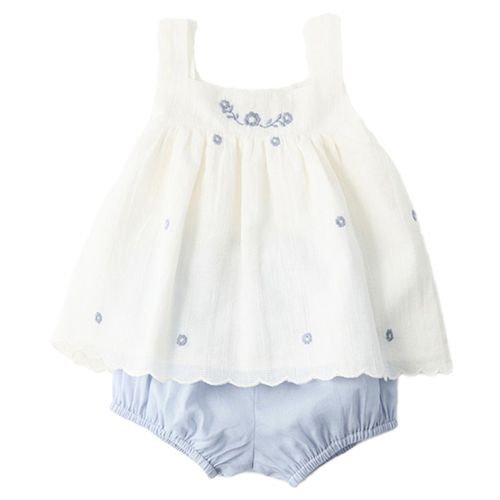 Blusa blanca con bordado y cubrepañal azul para bebé niña