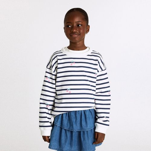Sudadera bicolor rayada con estampado de cerezas para niña