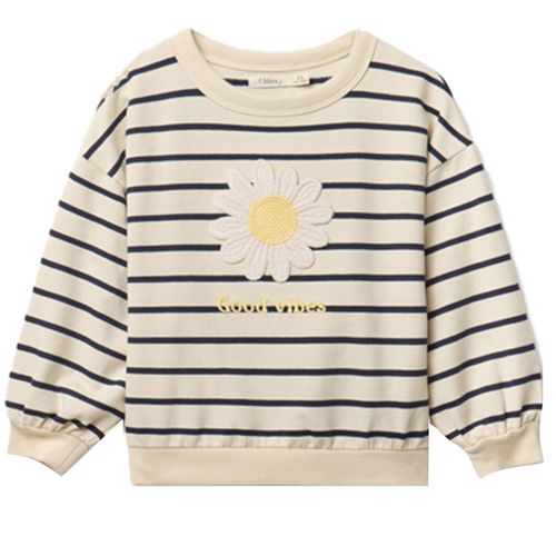 Suéter pull over rayada con bordado de flor para niña