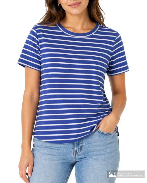 Camiseta Nicolle casual azul rayada manga corta para mujer