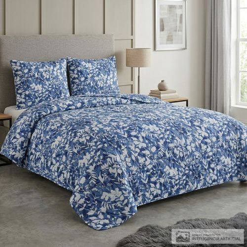 Cubrecama estampado botánico azul - blanco