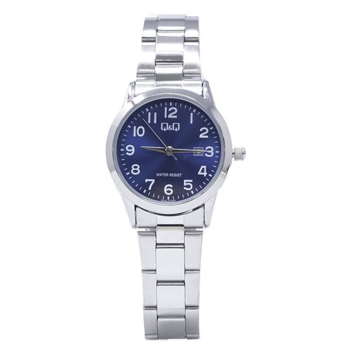 Reloj Q&Q análogo metálico plateado con esfera azul para mujer