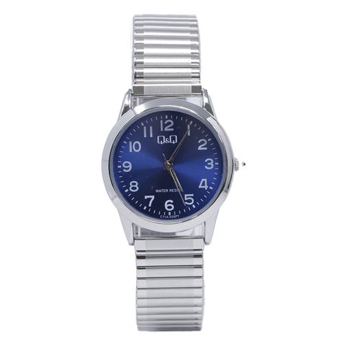 Reloj Q&Q análogo metálico plateado con esfera azul para mujer