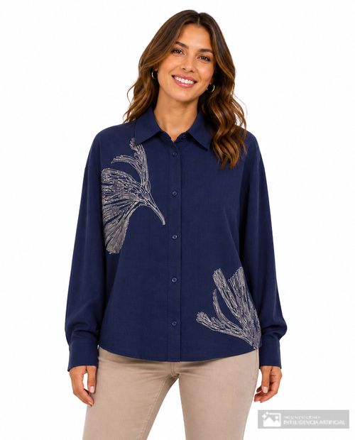 Blusa camisera Nicolle azul navy con hojas doradas para mujer