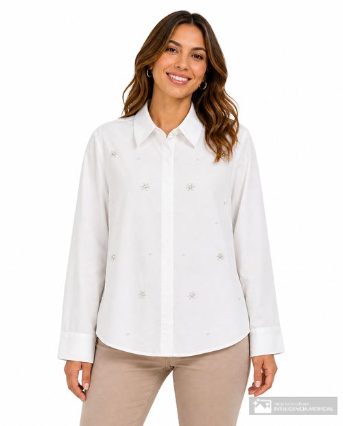 Blusa camisera Nicolle blanca con perlas para mujer