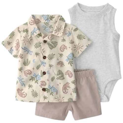 Conjunto de 3 piezas mameluco camisa y short para bebé niño