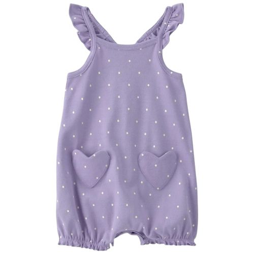 Romper morado con lunares y bolsillos de corazón para bebé niña