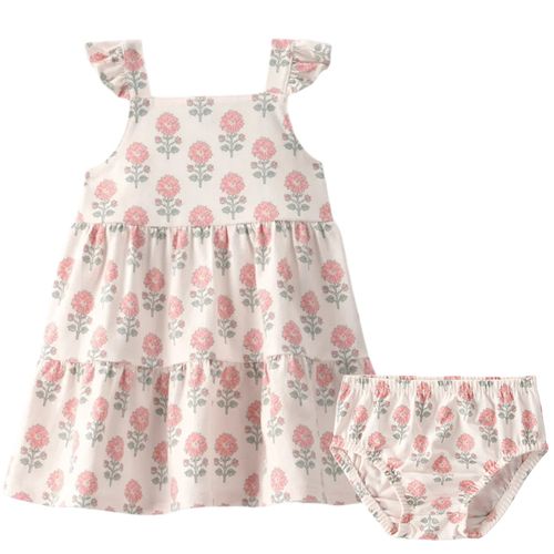 Vestido beige con estampado floral y cubrepañal para bebé niña