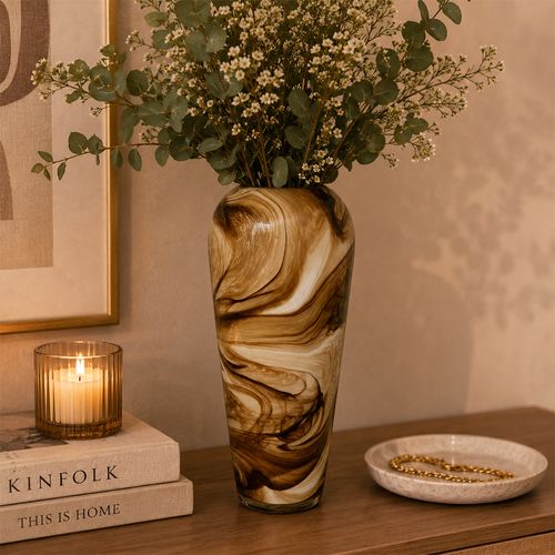 Florero de vidrio marmoleado beige 15.5 x 15.5 x 30.5cm
