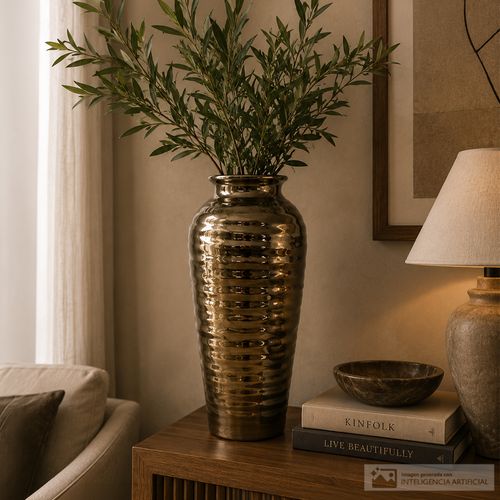 Florero decorativo dorado con textura acanalada 15 x 15 x 32cm