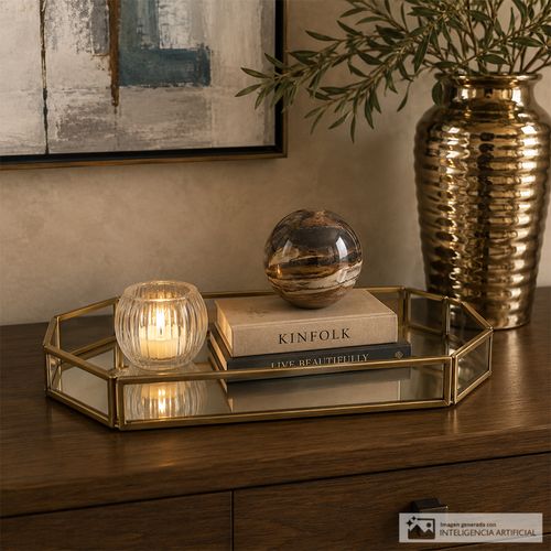 Bandeja decorativa metalica dorada 15 x 27 x 2.5cm