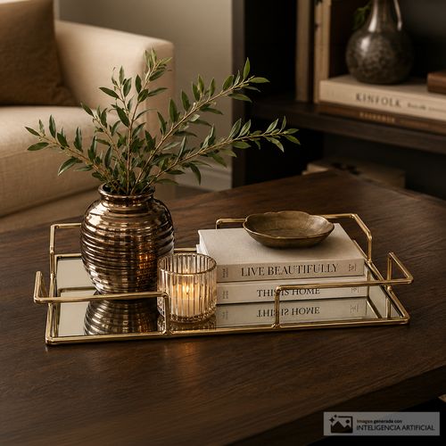 Bandeja decorativa metalica dorada 35 x 18 x 5cm