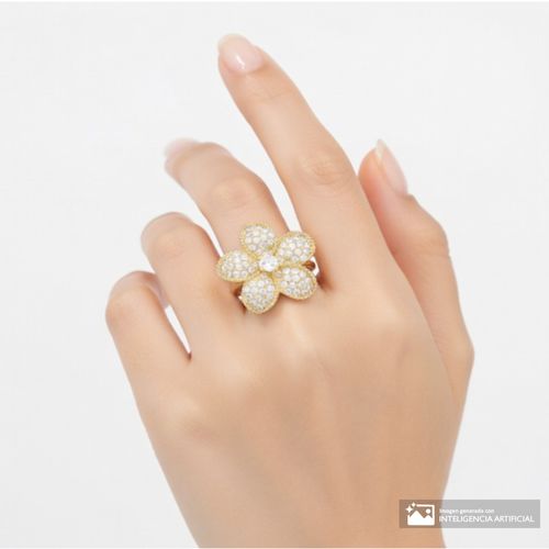 Anillo en forma de flor con zirconia de metal dorado para mujer talla 8