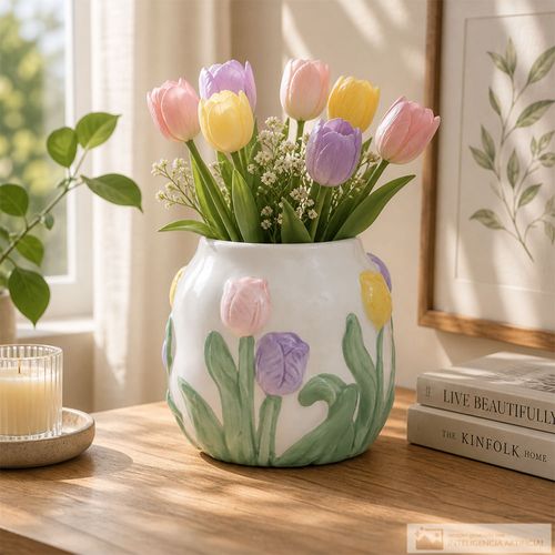 Maceta decorativa con diseño tulipanes 13 x12 cm