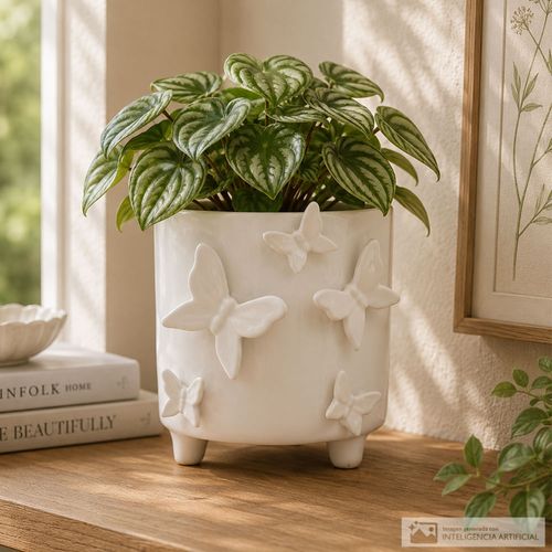 Maceta de cerámica blanca con mariposas en relieve 15 x14 cm