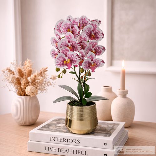 Orquídea artificial con maceta dorada 30x56 cm