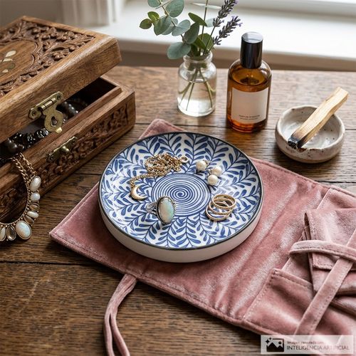 Bandeja para joyas con diseño floral azul 9 cm
