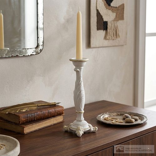 Portavela blanco con relieves decorativos 9.5x26 cm