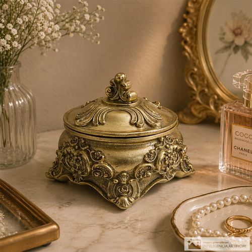 Joyero de cofre dorado con relieves decorativos 12 cm