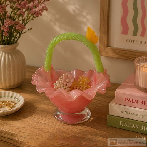 Cesta de vidrio rosado con borde ondulado 26 cm x 25 cm x 19 cm