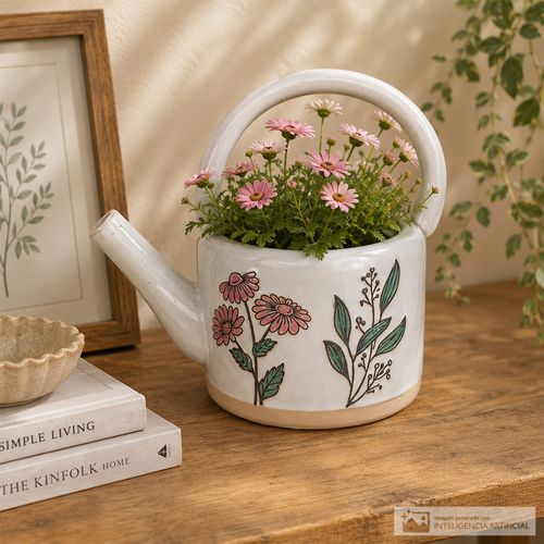Maceta de cerámica con diseño tipo regadera y decoración floral pintada 19 x 13 cm