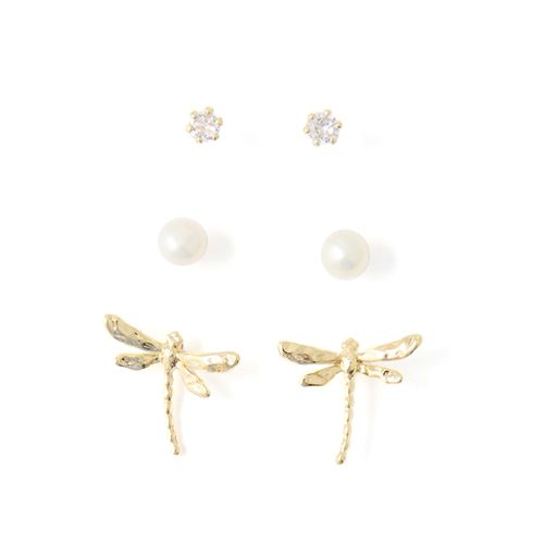 Set de 3 pares de aretes dorados con libélula y perla para mujer