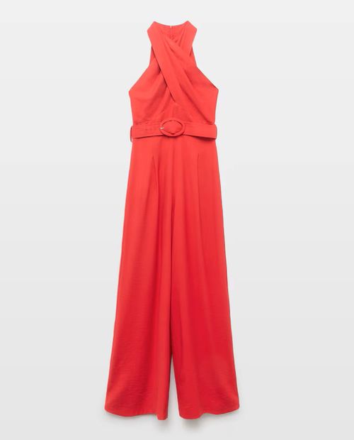 Jumpsuit rojo con cuello halter para mujer