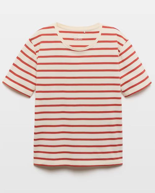 Camiseta ivory con rayas rojas para mujer
