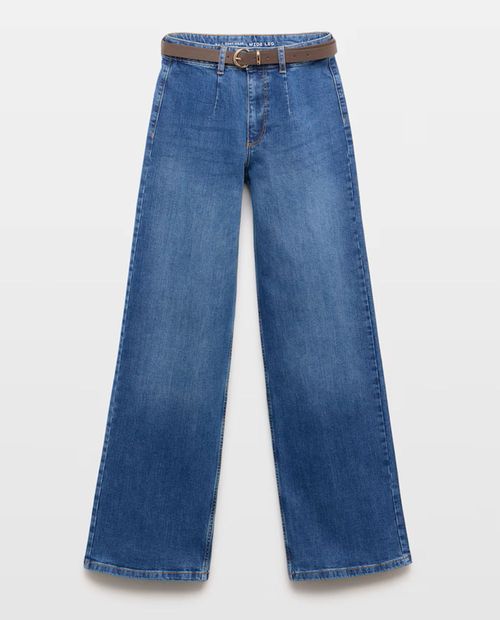 Jeans wide leg azul claro denim con cinturón para mujer