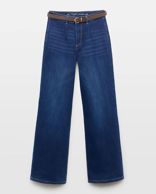 Jeans wide leg azul denim con cinturón para mujer